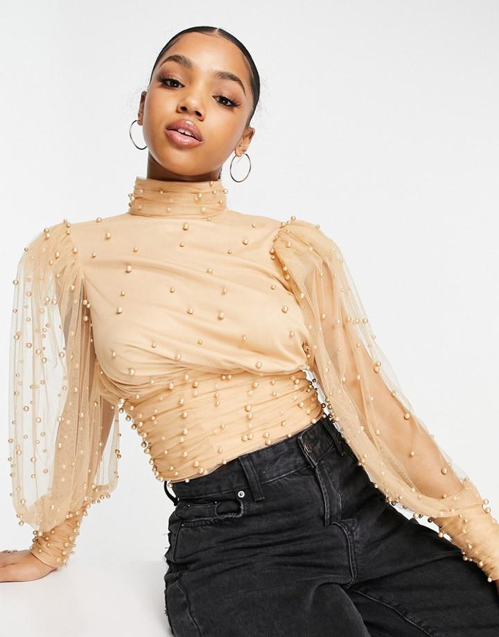 Asos Luxe Organza Puff Sleeve Embellished Top In Blush-pink