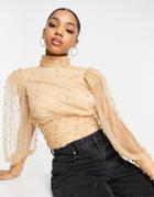 Asos Luxe Organza Puff Sleeve Embellished Top In Blush-pink