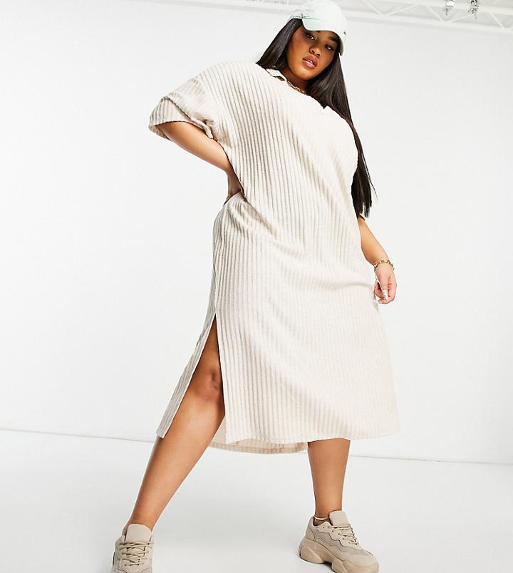 Asos Design Curve Ribbed Midi V Neck Dress With Collar In Cream-neutral