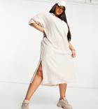 Asos Design Curve Ribbed Midi V Neck Dress With Collar In Cream-neutral