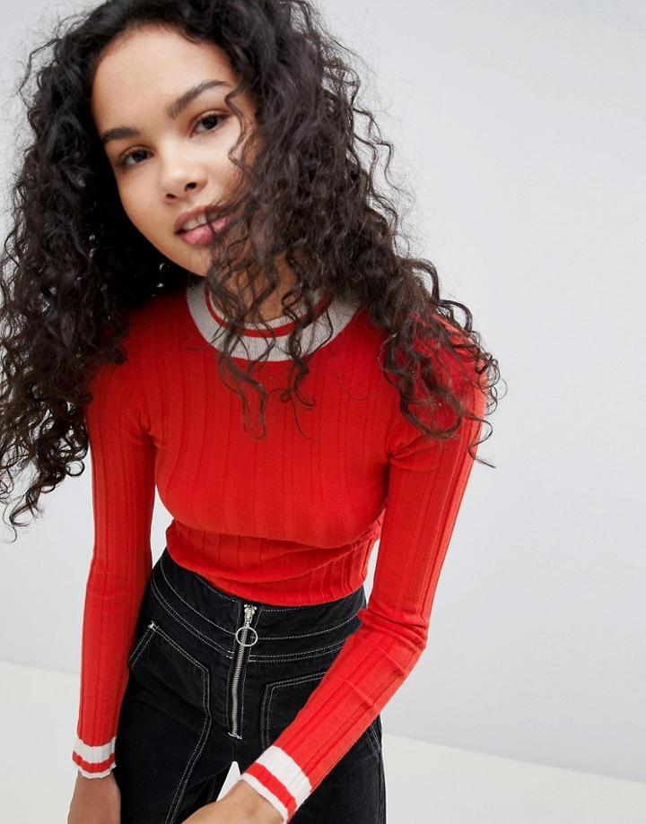 Asos Design Sweater In Fine Rib With Tipping - Red