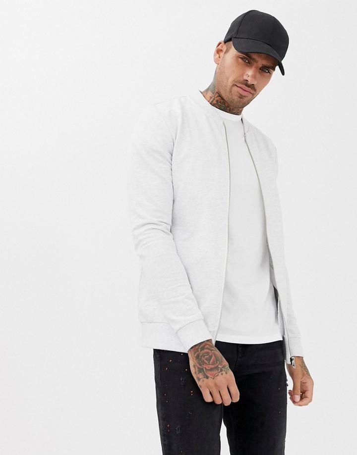 Asos Design Jersey Bomber Jacker In White Marl - White
