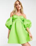 Miss Selfridge Scuba Bardot Volume Sleeve Mini Dress In Bright Green