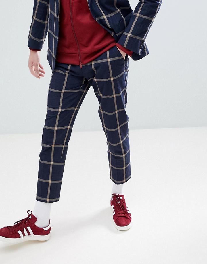 Asos Design Skinny Crop Suit Pants In Navy Seersucker Windowpane Check - Navy