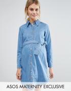 Asos Maternity Belted Denim Shirt Dress - Blue