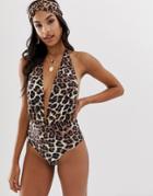 Miss Selfridge Exclusive Plunge Swimsuit With Buckle In Leopard Print - Beige