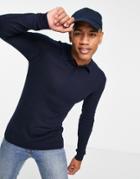 Asos Design Knitted Cotton Polo Sweater In Navy