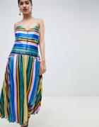 Asos Design Pleated Cami Button Through Midi Dress In Stripe - Multi