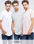 Asos 3 Pack Longline T-shirt With Curved Hem Save 17% In White/grey Marl/pink