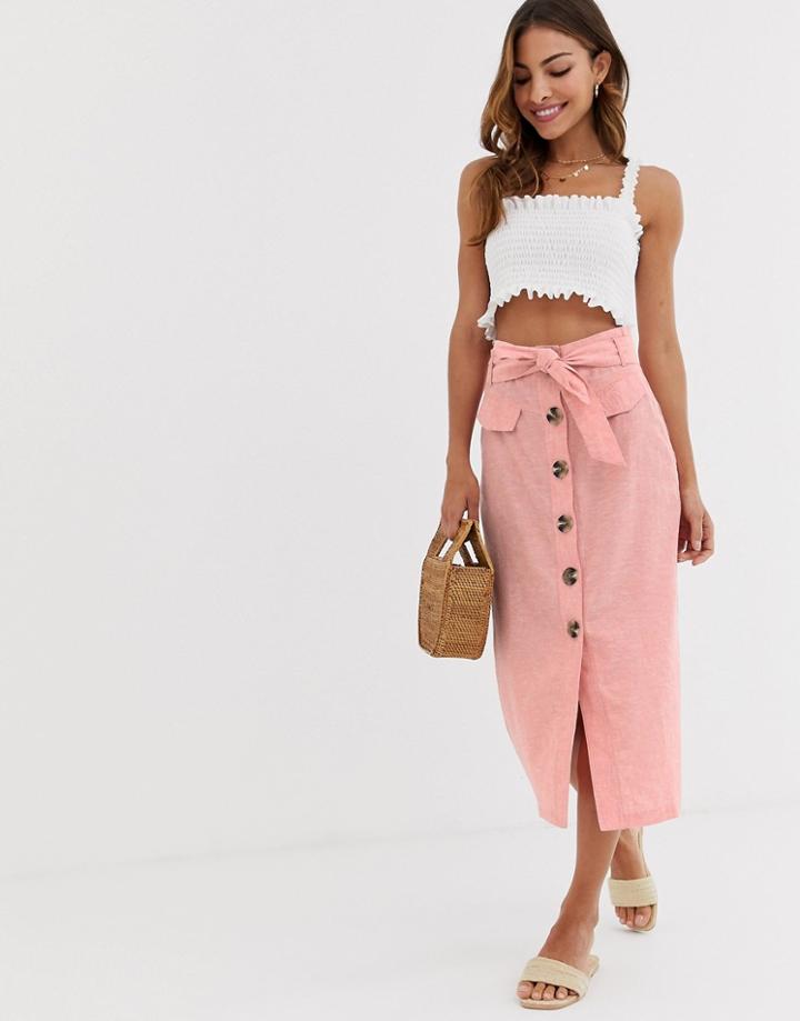 Stradivarius Button Front Midi Skirt With Bow In Pink - Pink