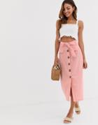 Stradivarius Button Front Midi Skirt With Bow In Pink - Pink