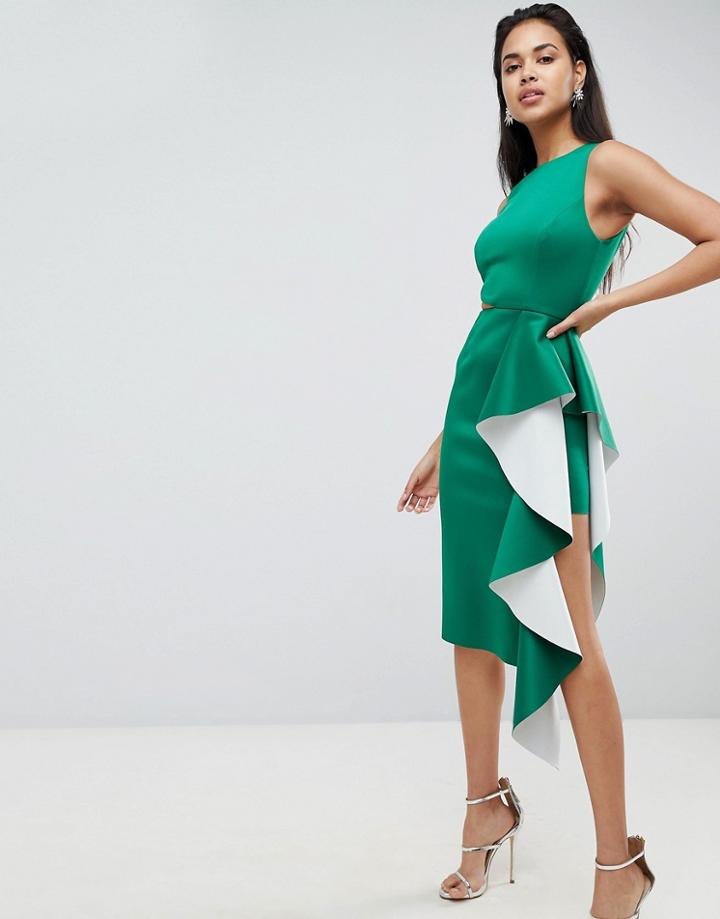 Asos Design Two Tone Scuba Ruffle Front Midi Bodycon Dress - Green