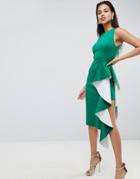 Asos Design Two Tone Scuba Ruffle Front Midi Bodycon Dress - Green