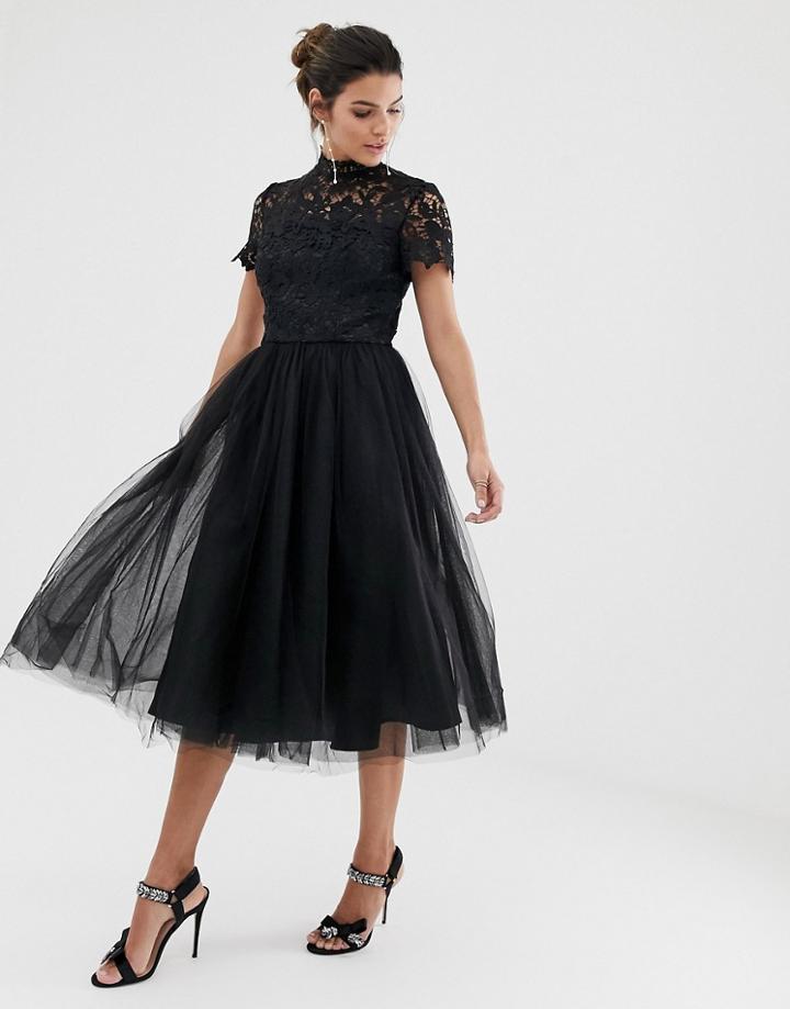 Chi Chi London High Neck Lace Midi Dress With Tulle Skirt In Black