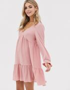 Asos Design V Neck Mini Smock Dress With Pep Hem-pink