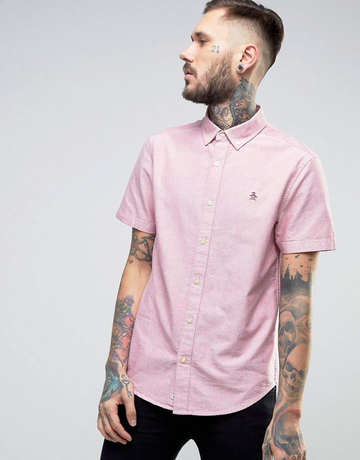 Original Penguin Slim Oxford Shirt Short Sleeve Buttondown In Red Marl - Red