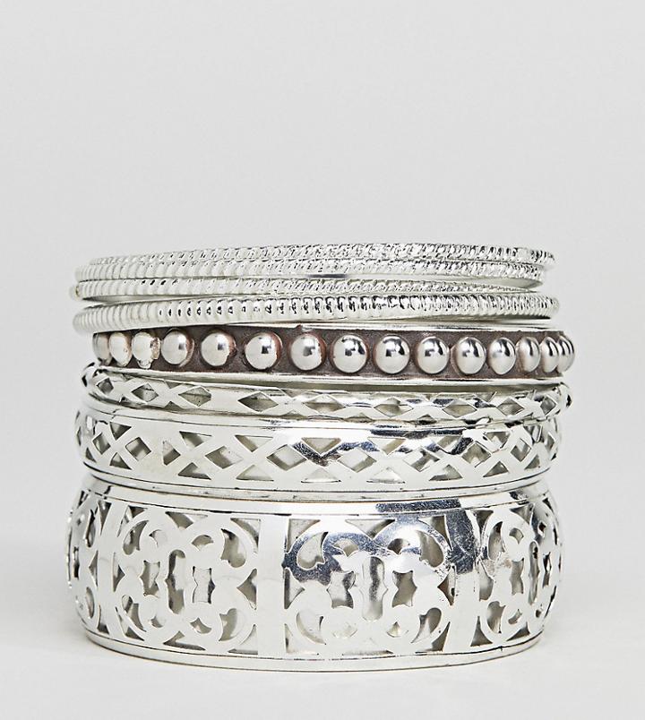 Sacred Hawk Ornate Bangle Bracelet Pack - Silver