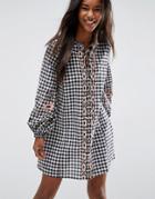 Asos Premium Long Sleeve Embroidered Dress In Gingham - Multi