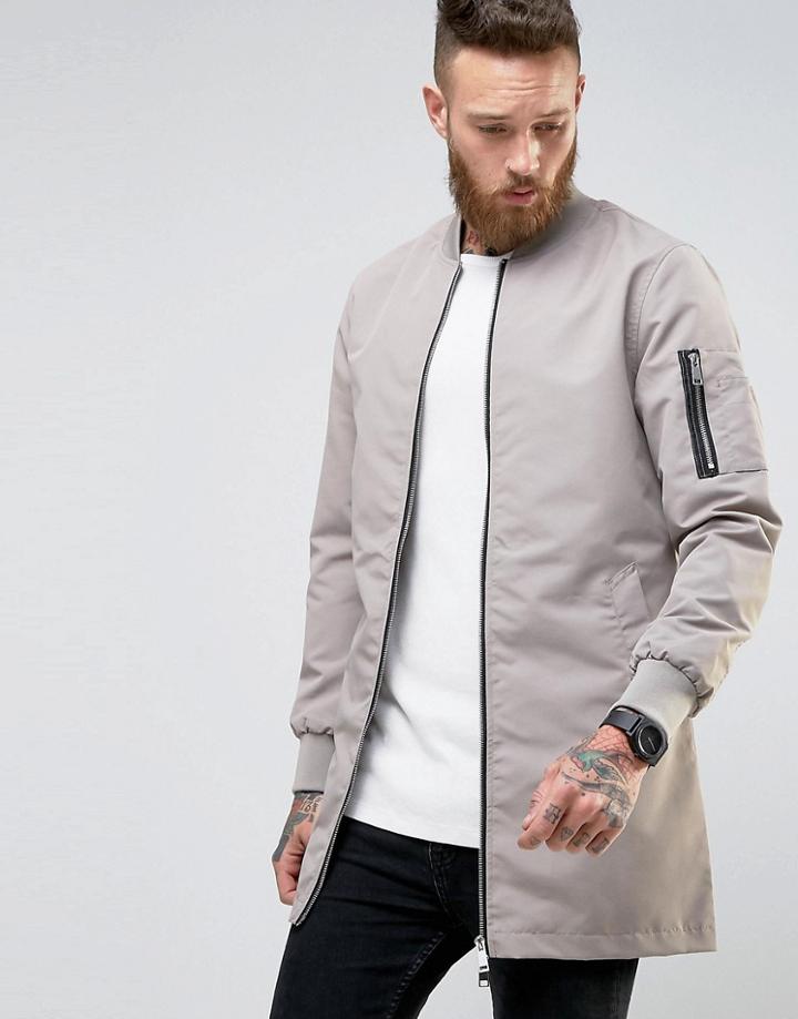Brave Soul Long Line Zip Through Jacket - Gray