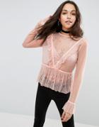 Asos Lace Victoriana Blouse With Ruffle Detail And Velvet Trim - Pink