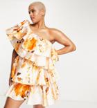 Asos Luxe Curve Satin Ruffle Off Shoulder Mini Dress In Orange Floral Print-multi