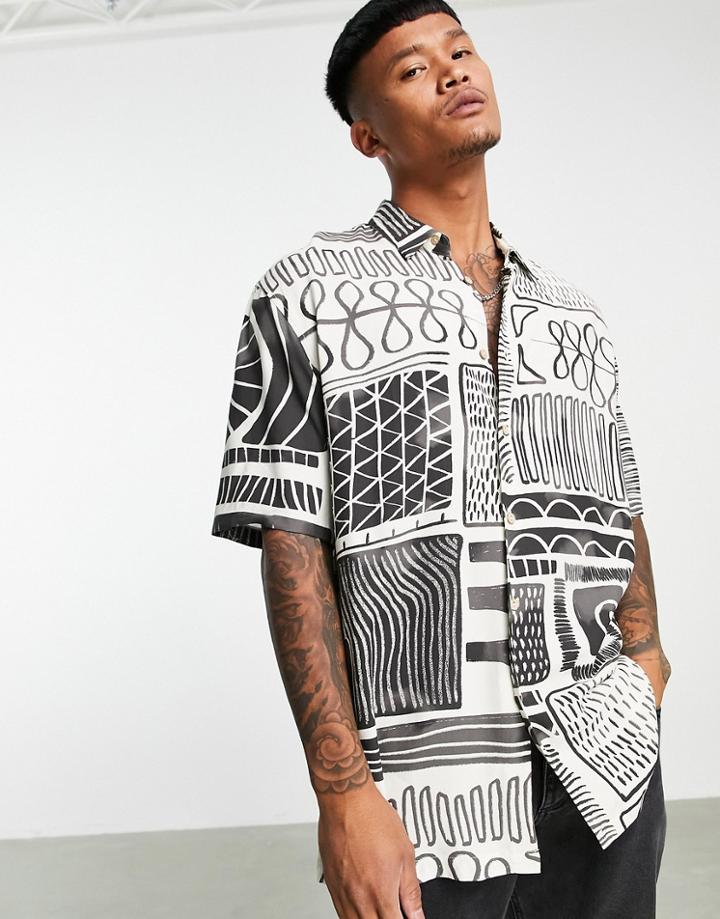 Bershka Oversized Line Print Shirt In Beige-neutral