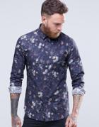 Noose & Monkey Skinny Shirt In All Over Floral Print - Navy