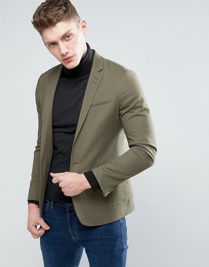 Asos Skinny Blazer In Khaki Cotton - Green