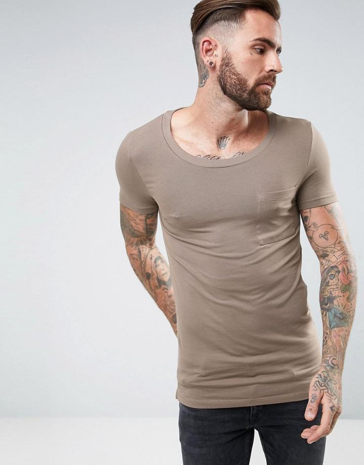 Asos Muscle Scoop Neck T-shirt With Chest Pocket In Brown - Brown