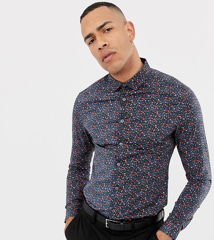 Asos Design Tall Skinny Ditsy Floral Shirt-black