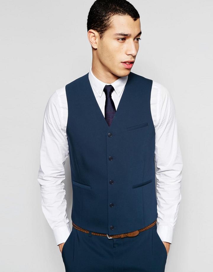 Asos Slim Waistcoat In Petrol Blue - Navy