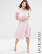 Asos Curve Midi Skater Dress With Bardot Cross Front - Dusky Pink
