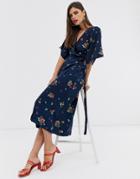 Liquorish Wrap Front Midi Dress With Tie Belt And Flutter Sleeves In Navy Floral