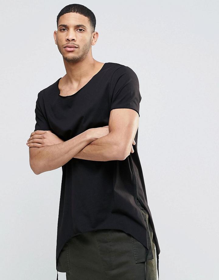 Asos Super Longline T-shirt With Shapes Hem Side Splits And Taping - Black