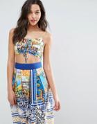 Asos Crop Top With Lace Up Front In Postcard Print Co-ord - Multi