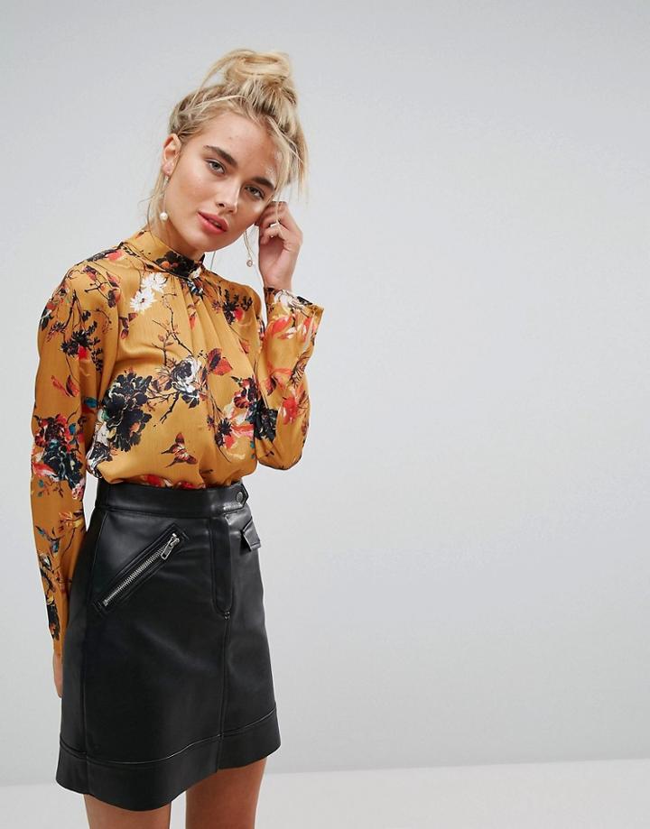 Willow And Paige High Neck Smock Top In Romantic Floral Satin - Yellow