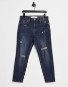 New Look Tapered Jeans With Rips In Dark Blue-blues