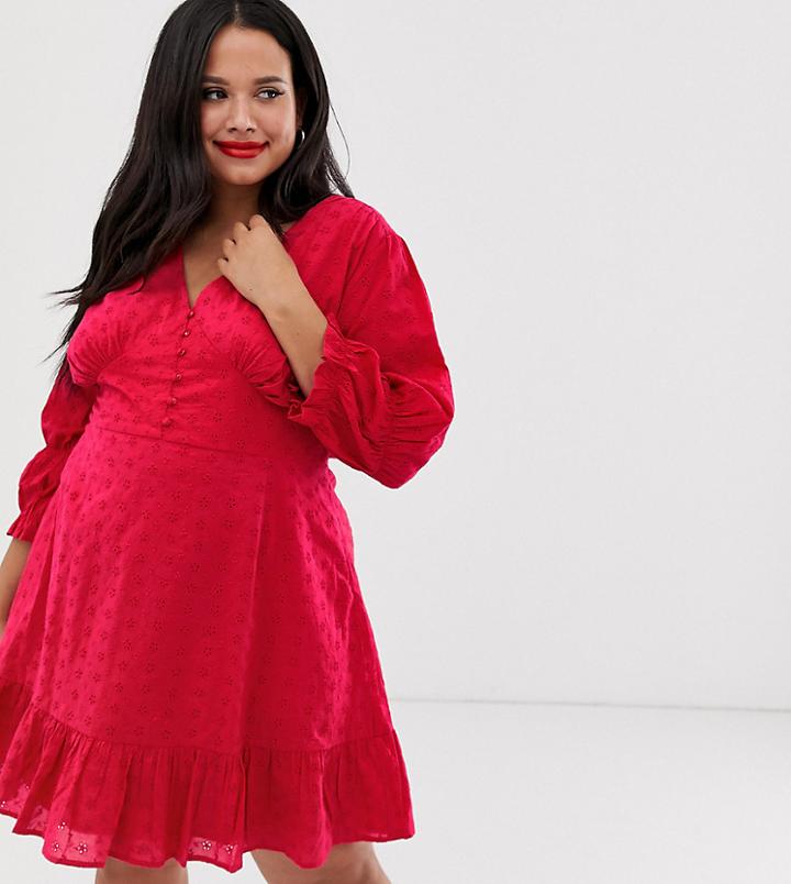 Neon Rose Plus Mini Plunge Tea Dress With Ruffle Hem In Broderie-red