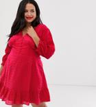 Neon Rose Plus Mini Plunge Tea Dress With Ruffle Hem In Broderie-red