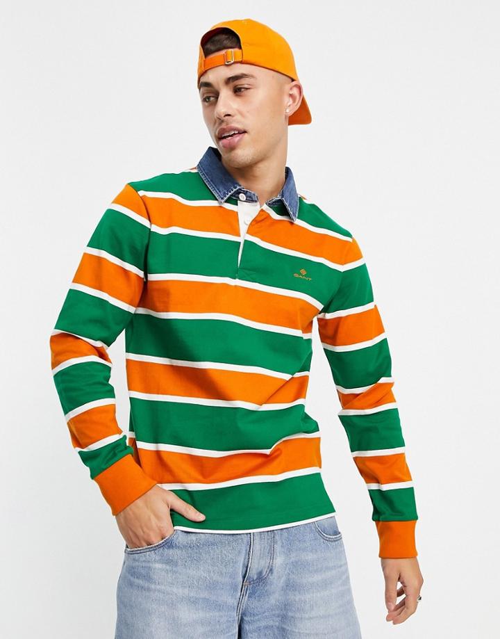 Gant Icon Logo Denim Collar Stripe Rugby Polo In Savannah Orange