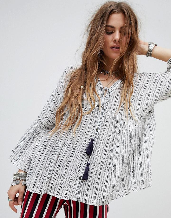En Creme Relaxed Long Sleeve Top With Tassel Ties - Blue