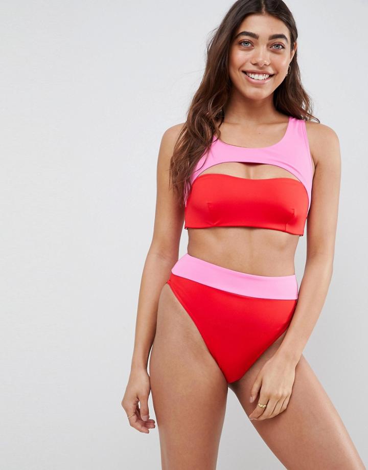Asos Design Color Block High Leg High Waist Bikini Bottom In Red/pink - Multi