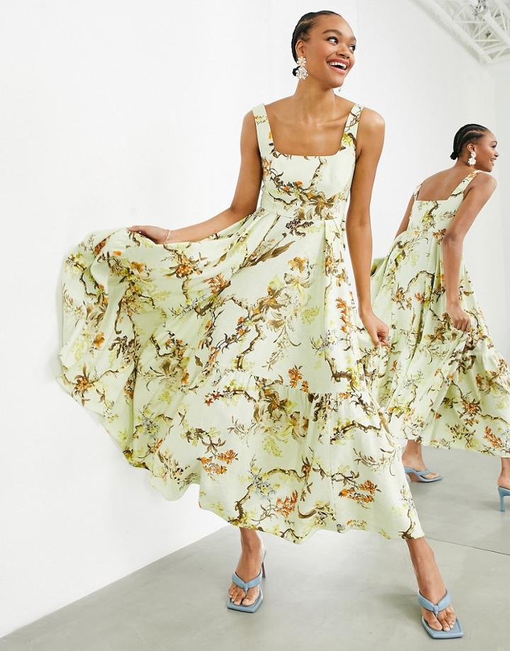 Asos Edition Sleeveless Square Neck Tiered Midi Dress In Woodland Print-multi