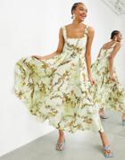 Asos Edition Sleeveless Square Neck Tiered Midi Dress In Woodland Print-multi