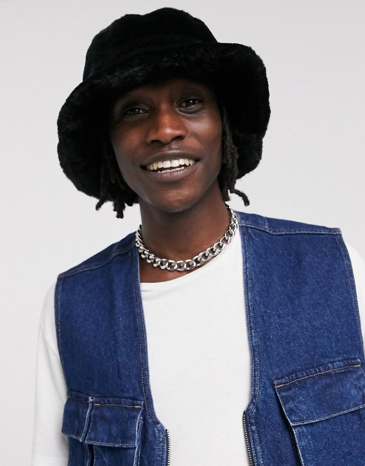 Asos Design Bucket Hat In Black Faux Fur