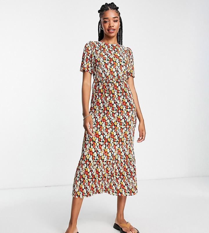 Asos Design Tall Exclusive Plisse Midi Tea Dress With Short Sleeves In Green Ditsy Floral-multi