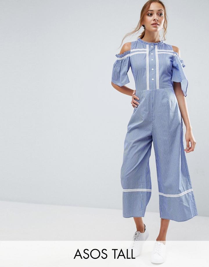 Asos Tall Cold Shoulder Jumpsuit In Cotton Stripe With Embroidery Detail - Blue
