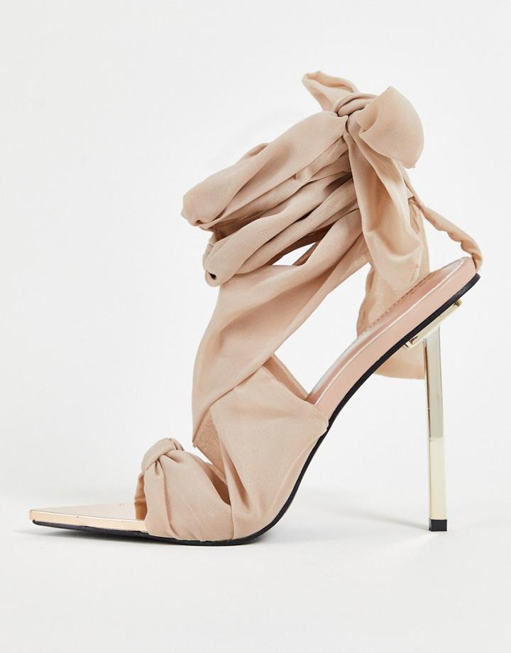 Public Desire Huni Ribbon Tie Up Gold Stiletto Heel Sandals Beige-neutral
