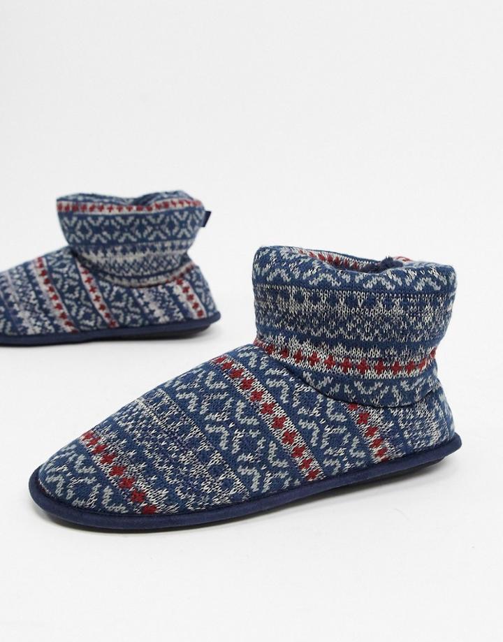 Totes Cable Knit Fairisle Boot Slippers In Multi Print