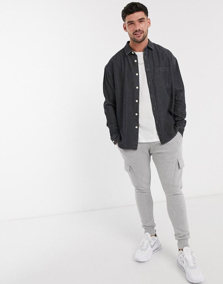 Asos Design Oversized Organic Denim Shirt In Washed Black-grey